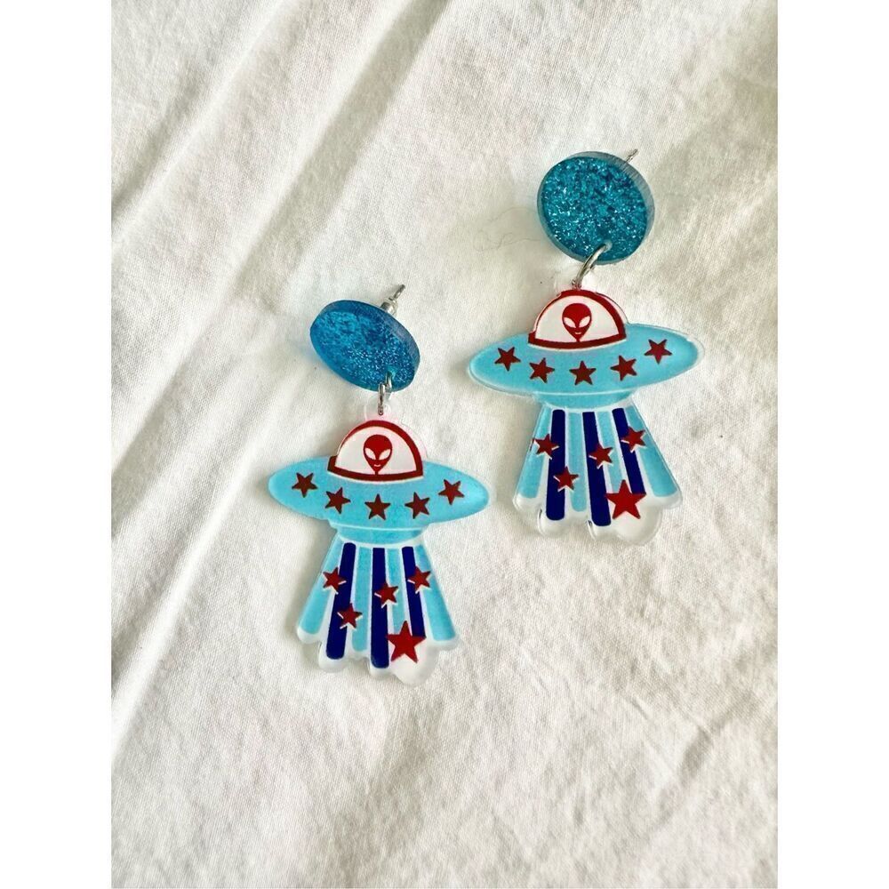 Red, white, and blue alien spaceship earrings